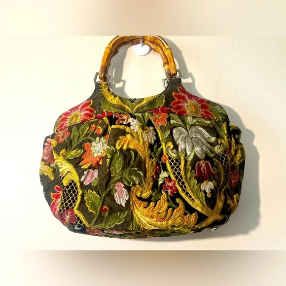 Talbots Vintage Floral Tapestry Satchel Handbag with Stained Bamboo Handles - Picture 2 of 14